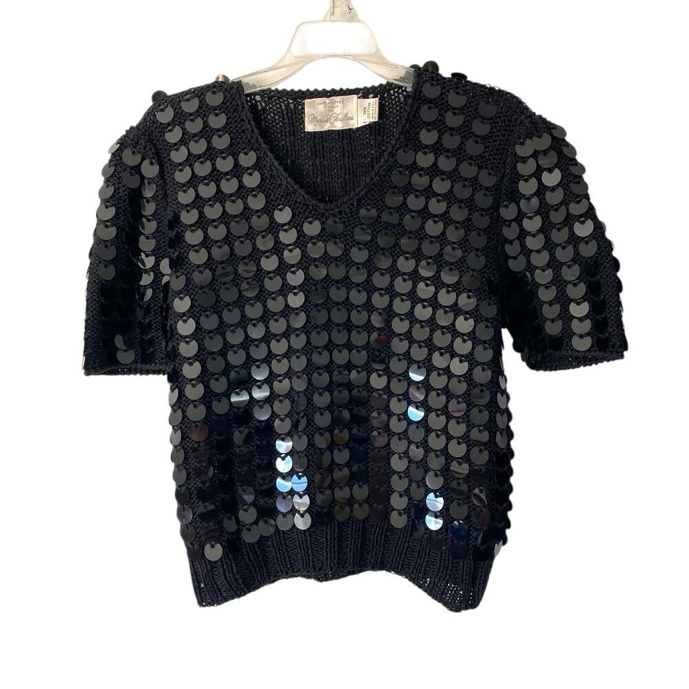 Marisa Christina Vintage Handknit Cotton Italy Black Short Sleeve Sweater med